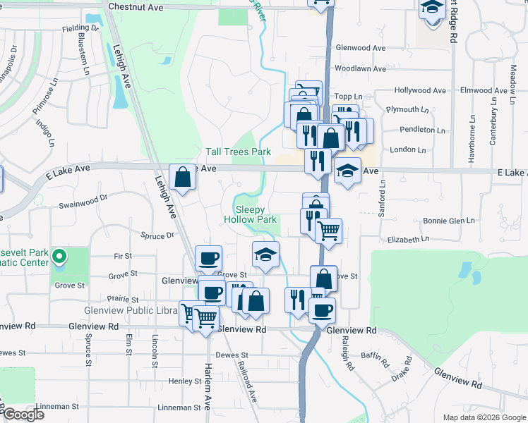 map of restaurants, bars, coffee shops, grocery stores, and more near 1300 Sleepy Hollow Road in Glenview
