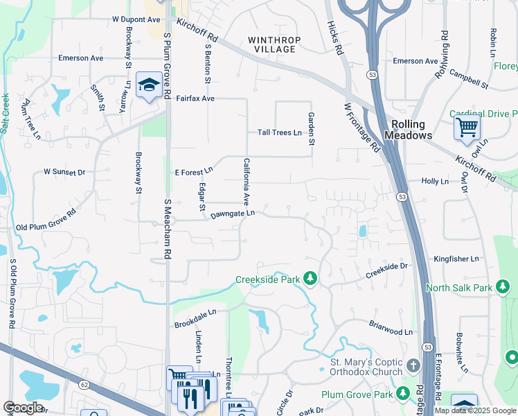 map of restaurants, bars, coffee shops, grocery stores, and more near 4470 Shady Court in Rolling Meadows