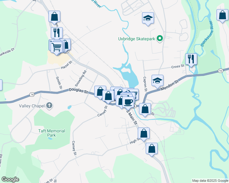 map of restaurants, bars, coffee shops, grocery stores, and more near 20 Court Street in Uxbridge