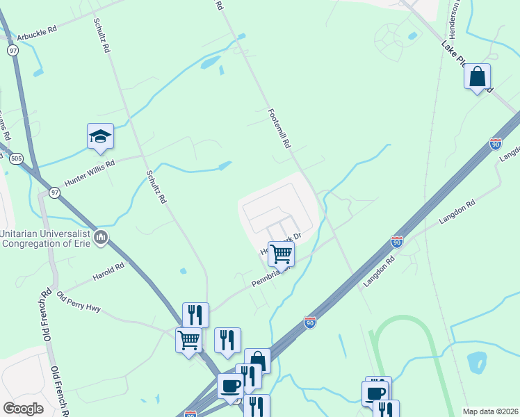 map of restaurants, bars, coffee shops, grocery stores, and more near 7301 Holly Vista Dr in Erie