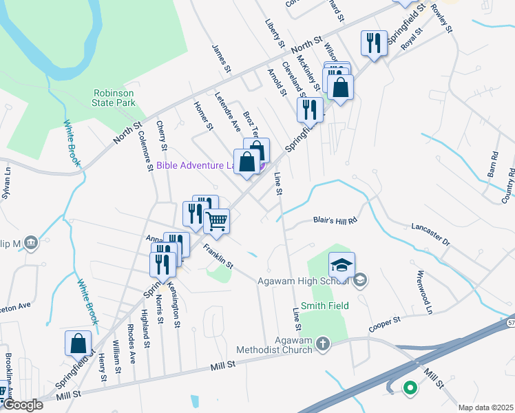 map of restaurants, bars, coffee shops, grocery stores, and more near 22 Mooreland Street in Agawam