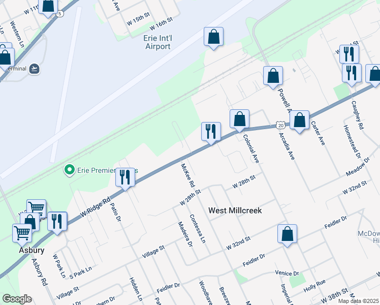 map of restaurants, bars, coffee shops, grocery stores, and more near 4166 U.S. 20 in Erie