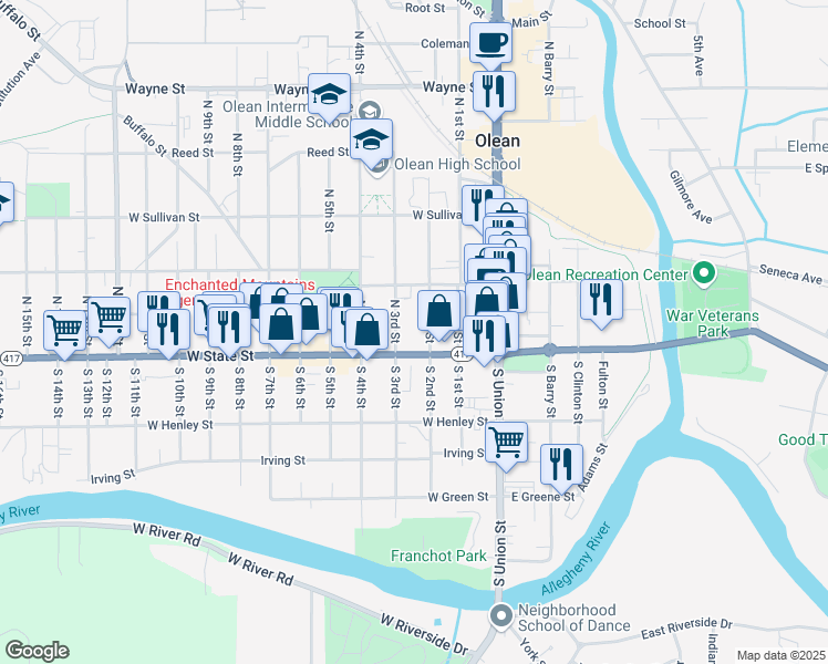 map of restaurants, bars, coffee shops, grocery stores, and more near 111 North 2nd Street in Olean