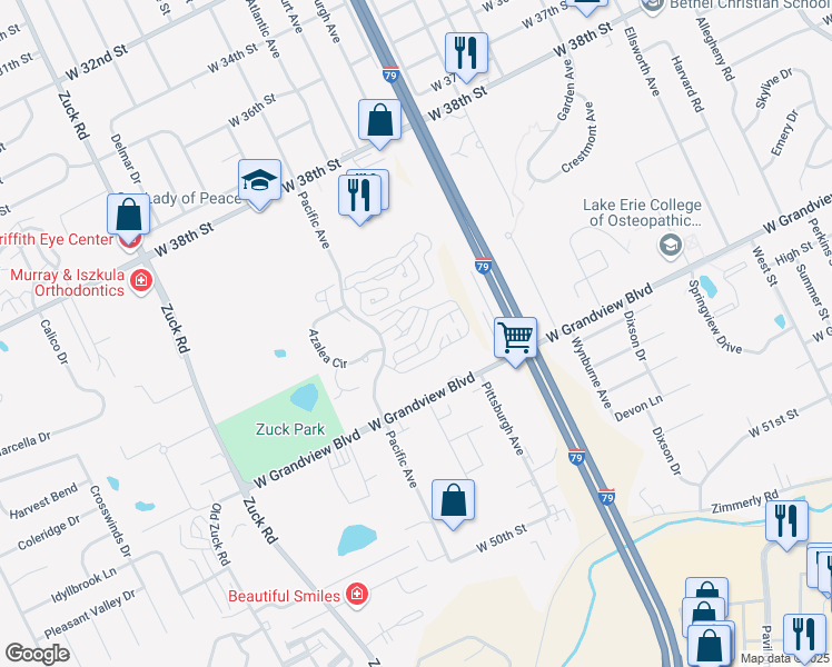 map of restaurants, bars, coffee shops, grocery stores, and more near 2315 Jamestown Drive in Erie