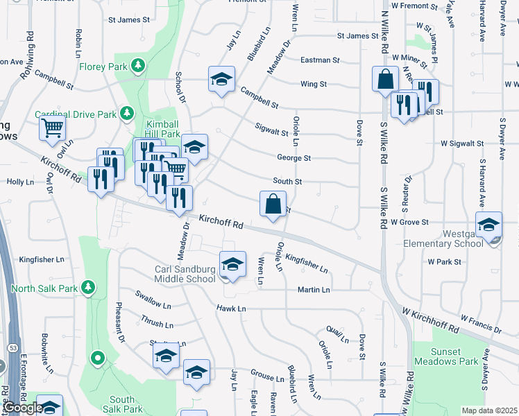map of restaurants, bars, coffee shops, grocery stores, and more near 2501 Park Street in Rolling Meadows