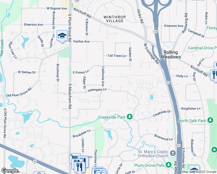 map of restaurants, bars, coffee shops, grocery stores, and more near 4470 Shady Court in Rolling Meadows