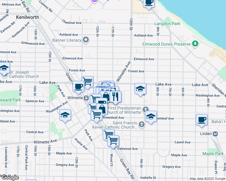 map of restaurants, bars, coffee shops, grocery stores, and more near 1125 Wilmette Ave in Wilmette