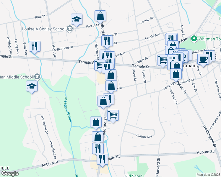 map of restaurants, bars, coffee shops, grocery stores, and more near 135 Glen Street in Whitman