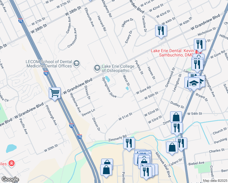 map of restaurants, bars, coffee shops, grocery stores, and more near 4831 Springview Drive in Erie