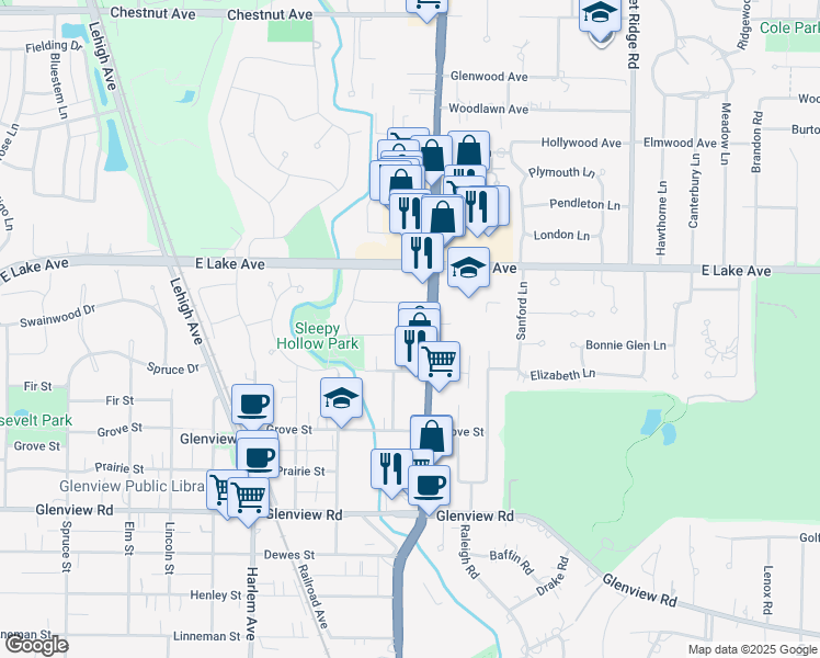 map of restaurants, bars, coffee shops, grocery stores, and more near 1716 Maplewood Lane in Glenview