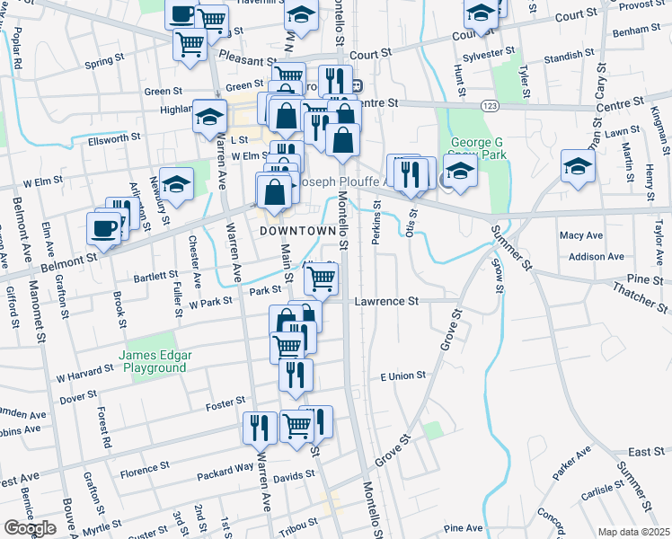 map of restaurants, bars, coffee shops, grocery stores, and more near 49 Allen Street in Brockton