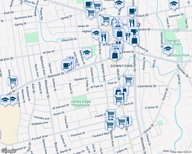 map of restaurants, bars, coffee shops, grocery stores, and more near 80 Bartlett Street in Brockton