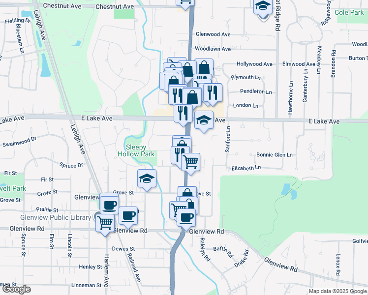 map of restaurants, bars, coffee shops, grocery stores, and more near 1716 Maplewood Lane in Glenview
