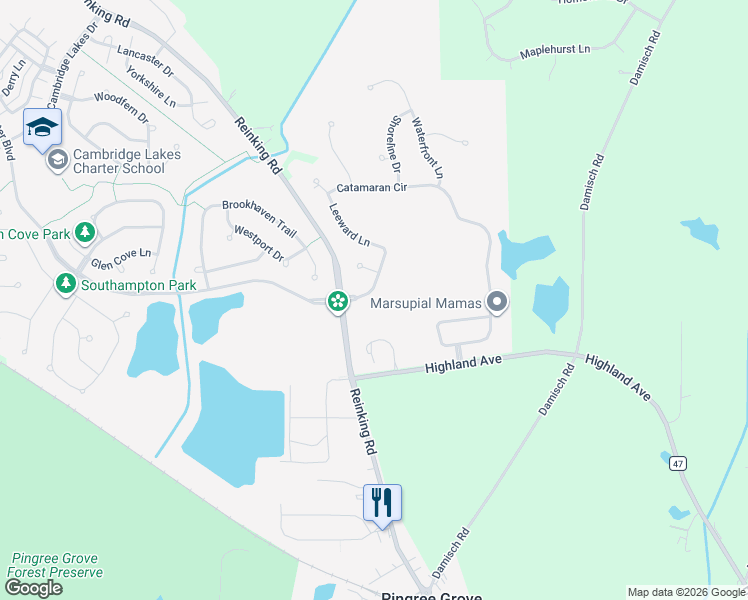 map of restaurants, bars, coffee shops, grocery stores, and more near 785 Wester Boulevard in Pingree Grove