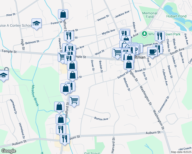 map of restaurants, bars, coffee shops, grocery stores, and more near 84 Dover Street in Whitman