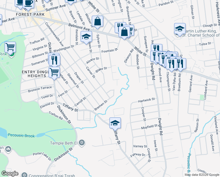 map of restaurants, bars, coffee shops, grocery stores, and more near 149 Bremen Street in Springfield
