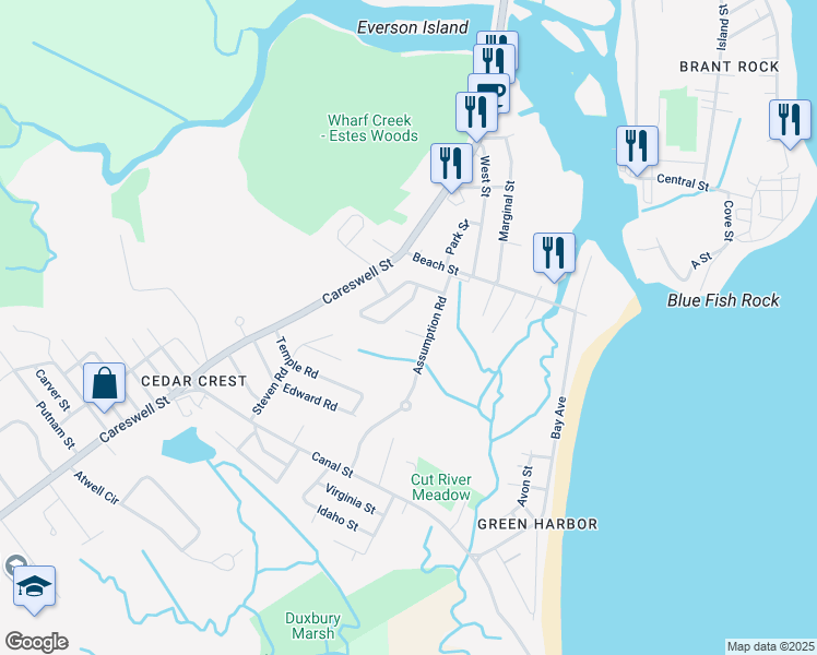 map of restaurants, bars, coffee shops, grocery stores, and more near 58 Assumption Road in Marshfield