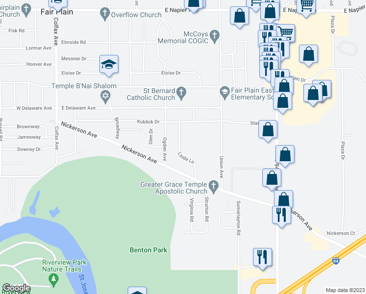 map of restaurants, bars, coffee shops, grocery stores, and more near 2197 Linda Lane in Benton Harbor