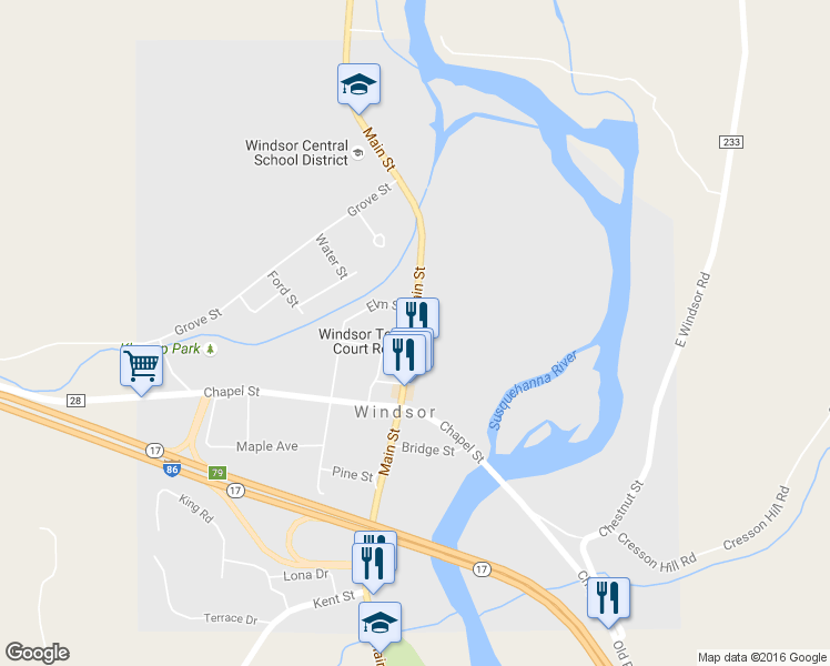 map of restaurants, bars, coffee shops, grocery stores, and more near 126 Main St in Windsor