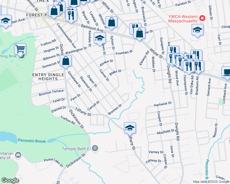 map of restaurants, bars, coffee shops, grocery stores, and more near 137 Carroll Street in Springfield
