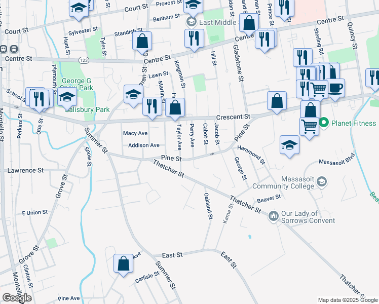 map of restaurants, bars, coffee shops, grocery stores, and more near 65 Perry Avenue in Brockton