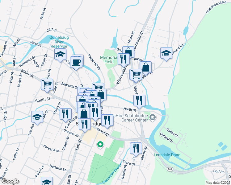 map of restaurants, bars, coffee shops, grocery stores, and more near 10 Charlton Street in Southbridge
