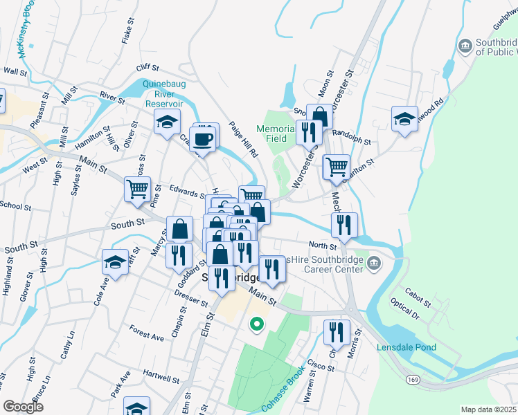 map of restaurants, bars, coffee shops, grocery stores, and more near 136 Central Street in Southbridge