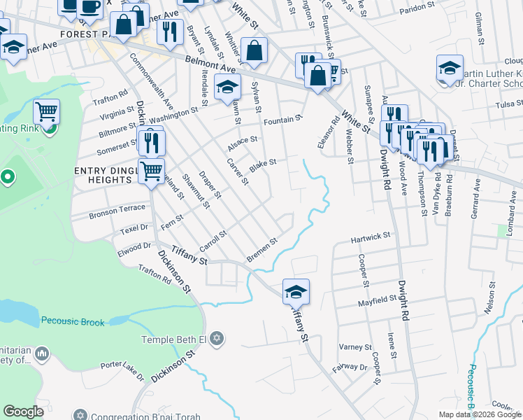 map of restaurants, bars, coffee shops, grocery stores, and more near 137 Carroll Street in Springfield