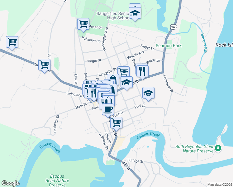 map of restaurants, bars, coffee shops, grocery stores, and more near 96 Washington Avenue in Saugerties