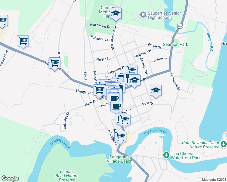 map of restaurants, bars, coffee shops, grocery stores, and more near 184 Main Street in Saugerties