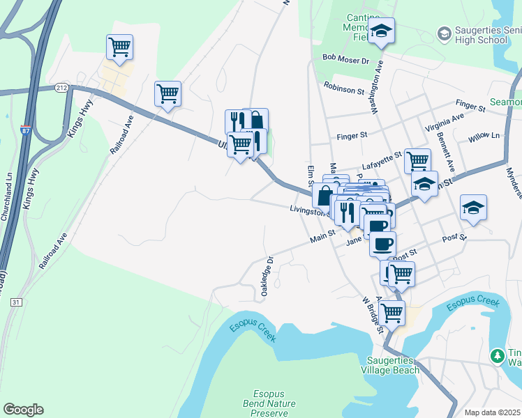 map of restaurants, bars, coffee shops, grocery stores, and more near 100 Livingston Street in Saugerties