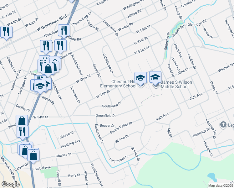 map of restaurants, bars, coffee shops, grocery stores, and more near 5419 Exeter Rd in Erie