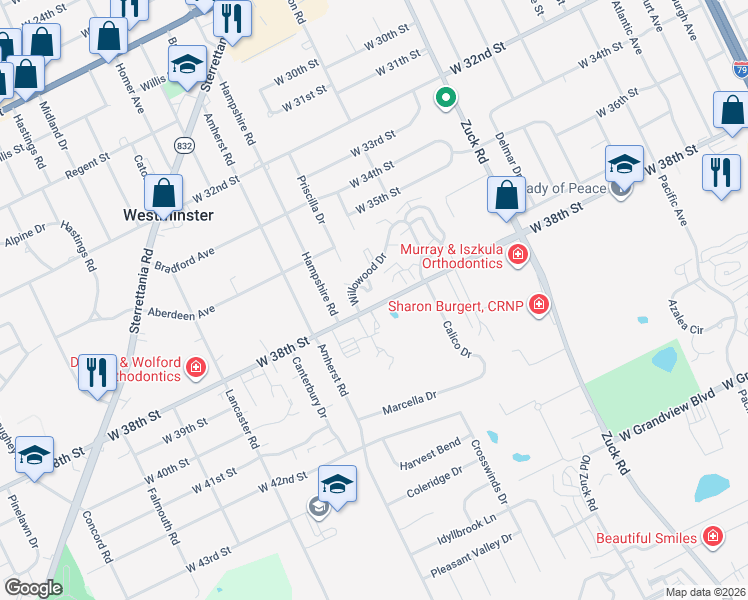map of restaurants, bars, coffee shops, grocery stores, and more near 2771-2783 West 38th Street in Erie