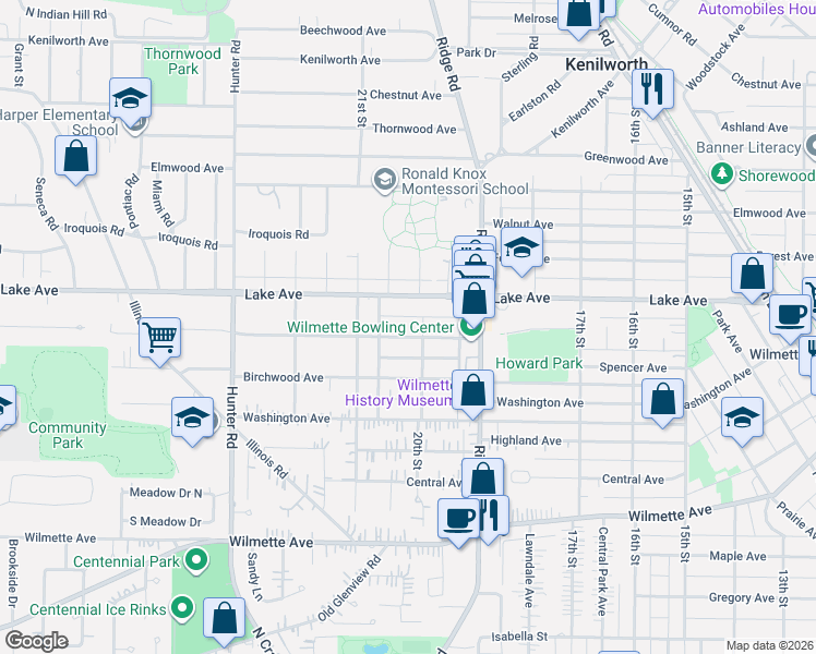 map of restaurants, bars, coffee shops, grocery stores, and more near 2020 Schiller Avenue in Wilmette