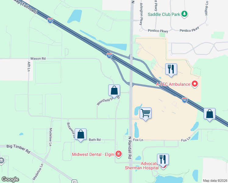 map of restaurants, bars, coffee shops, grocery stores, and more near 1750 North Randall Road in Elgin