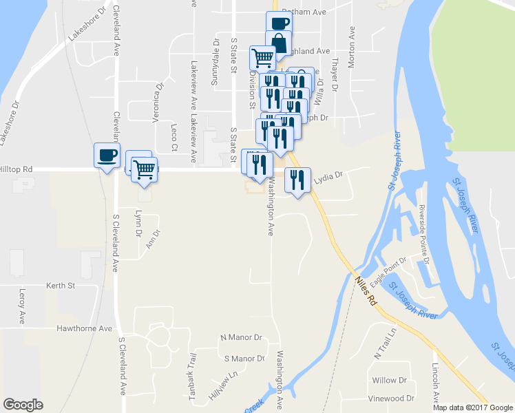 map of restaurants, bars, coffee shops, grocery stores, and more near 2192 Washington Avenue in Saint Joseph