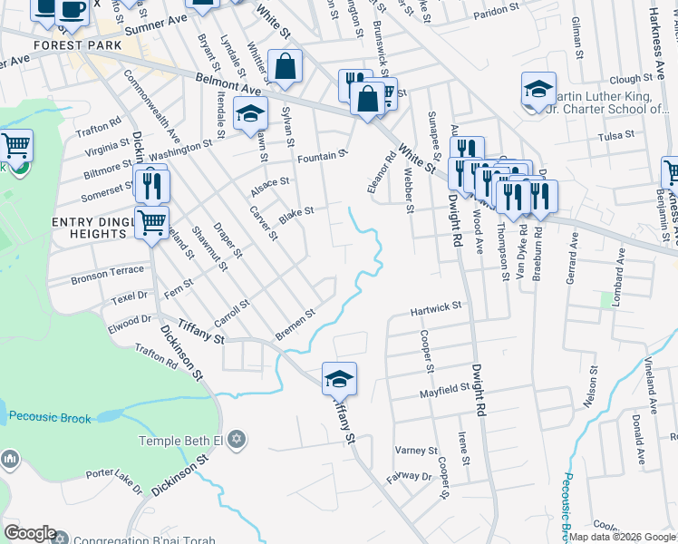 map of restaurants, bars, coffee shops, grocery stores, and more near 149 Bremen Street in Springfield