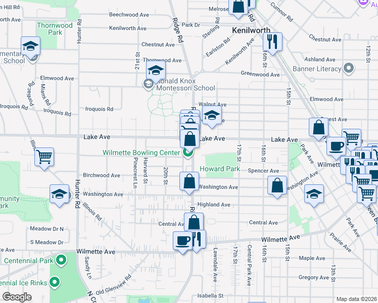 map of restaurants, bars, coffee shops, grocery stores, and more near 809 Ridge Road in Wilmette