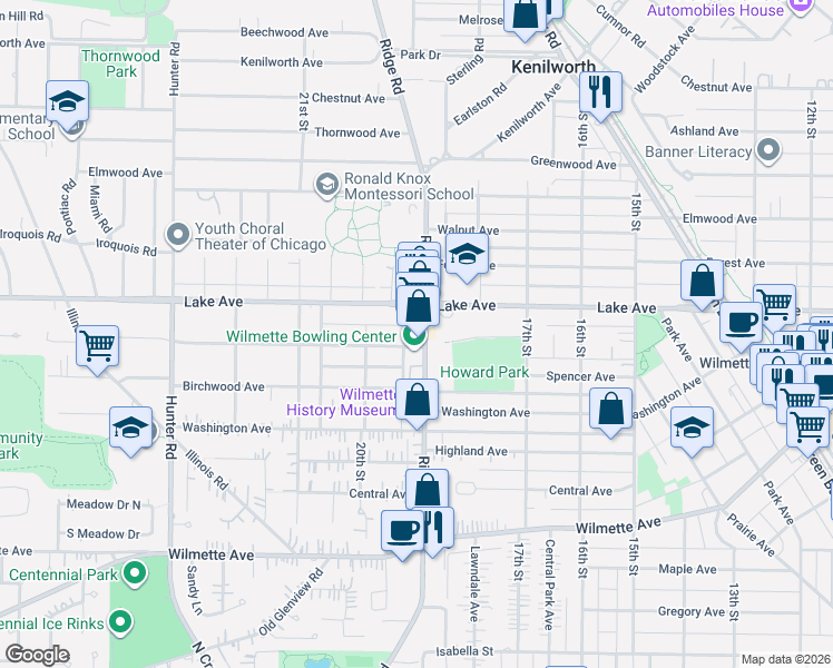 map of restaurants, bars, coffee shops, grocery stores, and more near 809 Ridge Road in Wilmette
