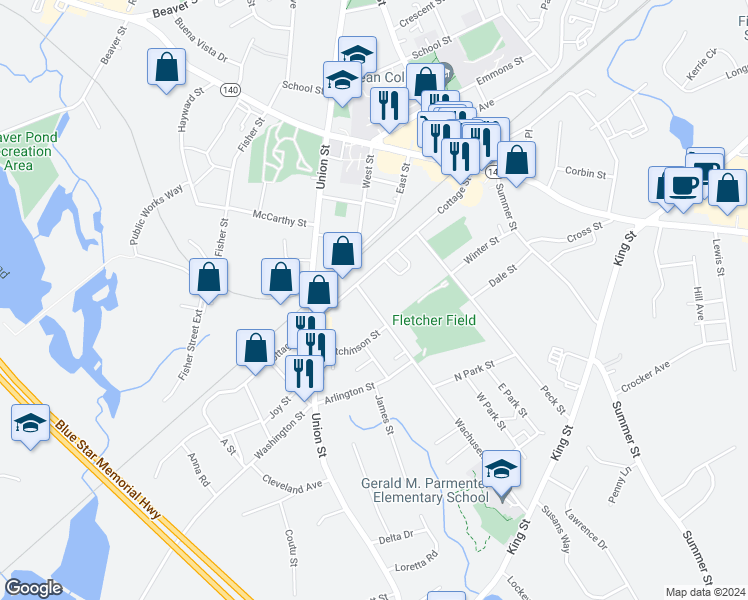 map of restaurants, bars, coffee shops, grocery stores, and more near 18 Wachusett Street in Franklin