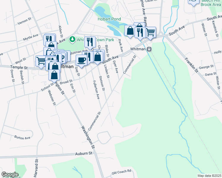map of restaurants, bars, coffee shops, grocery stores, and more near 113 Linden Street in Whitman