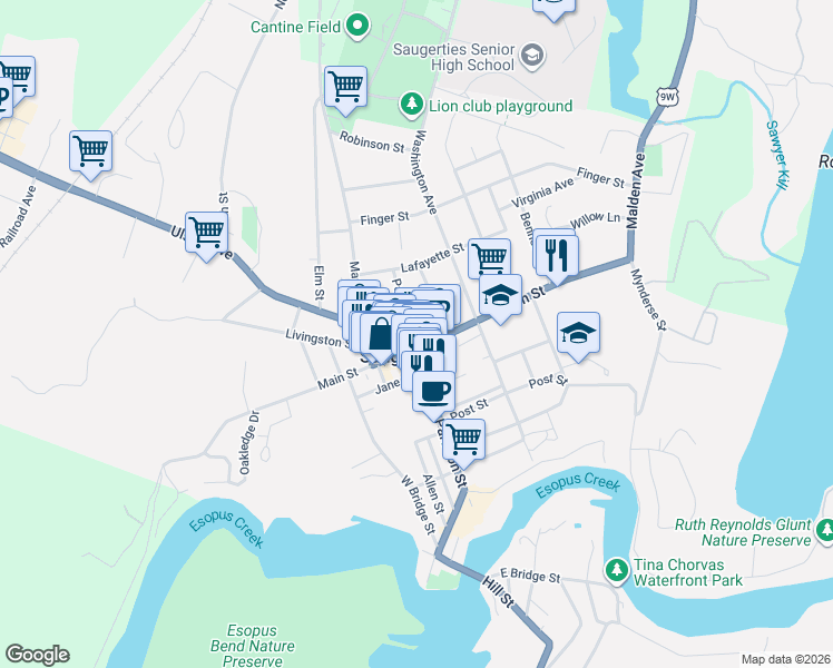 map of restaurants, bars, coffee shops, grocery stores, and more near in Saugerties