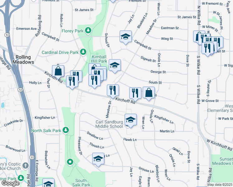 map of restaurants, bars, coffee shops, grocery stores, and more near 2720 Kirchoff Road in Rolling Meadows