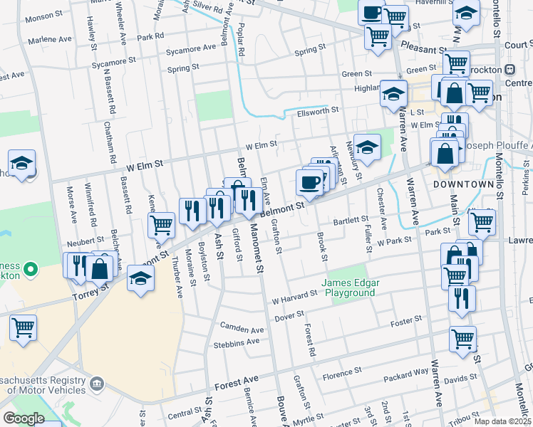 map of restaurants, bars, coffee shops, grocery stores, and more near 276 Belmont Street in Brockton