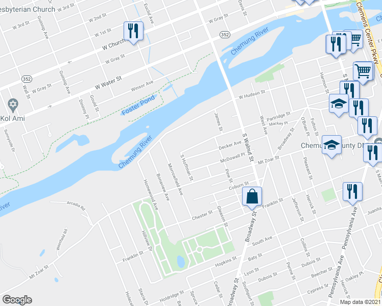 map of restaurants, bars, coffee shops, grocery stores, and more near 622 Decker Avenue in Elmira