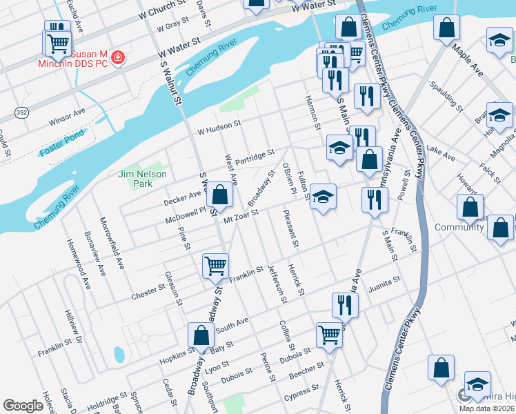 map of restaurants, bars, coffee shops, grocery stores, and more near 454 Mount Zoar Street in Elmira