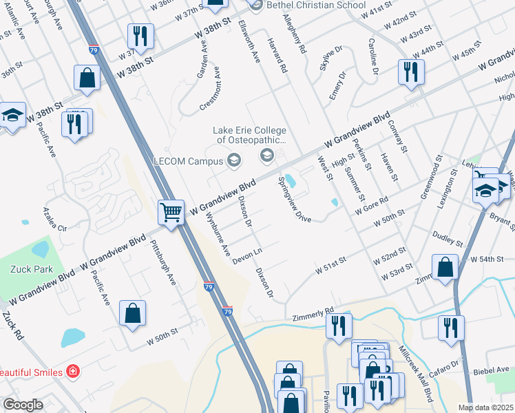map of restaurants, bars, coffee shops, grocery stores, and more near 2014 Berkshire Lane in Erie