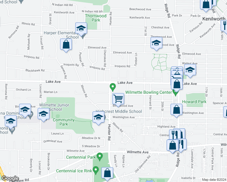 map of restaurants, bars, coffee shops, grocery stores, and more near 2238 Schiller Avenue in Wilmette