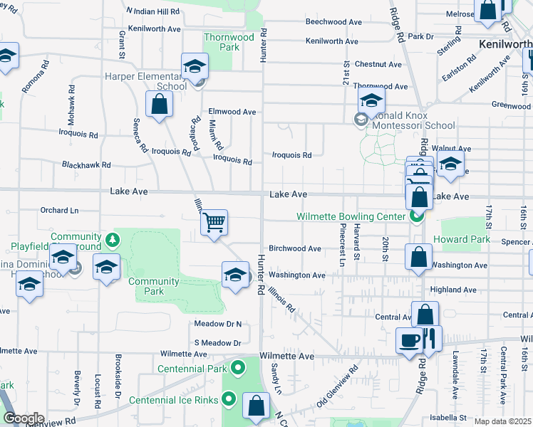 map of restaurants, bars, coffee shops, grocery stores, and more near 2244 Schiller Avenue in Wilmette