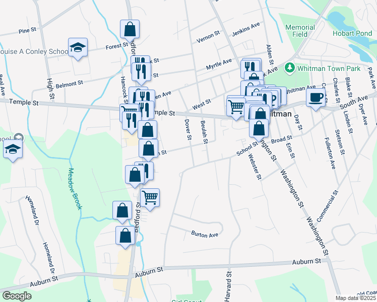 map of restaurants, bars, coffee shops, grocery stores, and more near 84 Dover Street in Whitman
